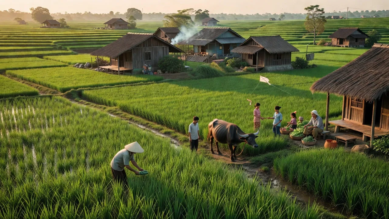 Khung cảnh yên bình xã An Đức, huyện Ninh Giang, tỉnh Hải Dương với cánh đồng xanh.
