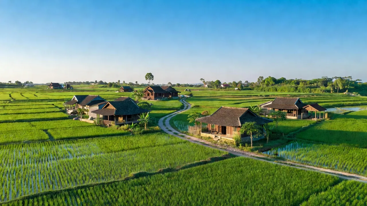 Cảnh đẹp xã Bình Xuyên, huyện Ninh Giang, tỉnh Hải Dương với ruộng xanh và nhà truyền thống.