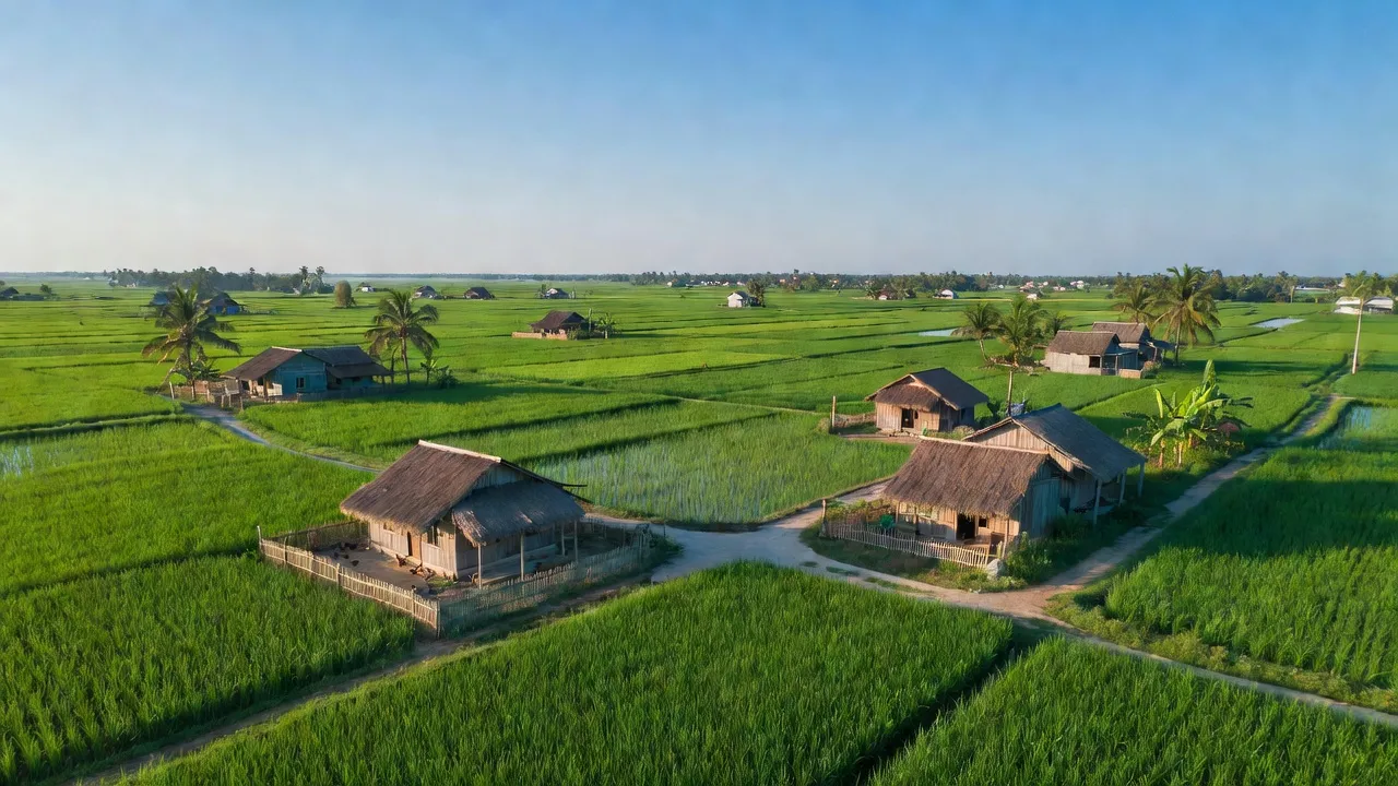Cảnh quan nông thôn xã Đức Phúc, huyện Ninh Giang, tỉnh Hải Dương với cánh đồng và nhà dân.