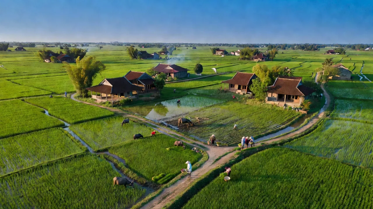 Toàn cảnh xã Đức Phúc, huyện Ninh Giang, tỉnh Hải Dương với cánh đồng xanh và nhà truyền thống.