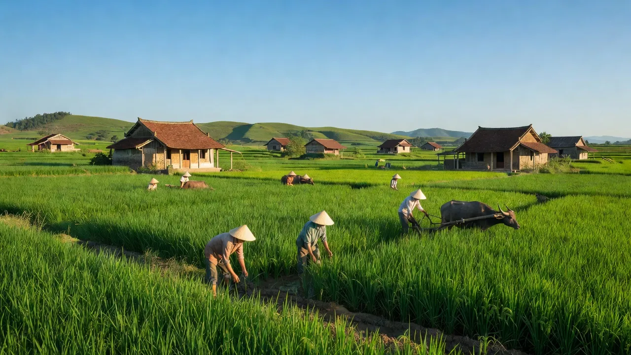 Cảnh đẹp nông thôn xã Hồng Dụ, huyện Ninh Giang, tỉnh Hải Dương với cánh đồng xanh và người nông dân.