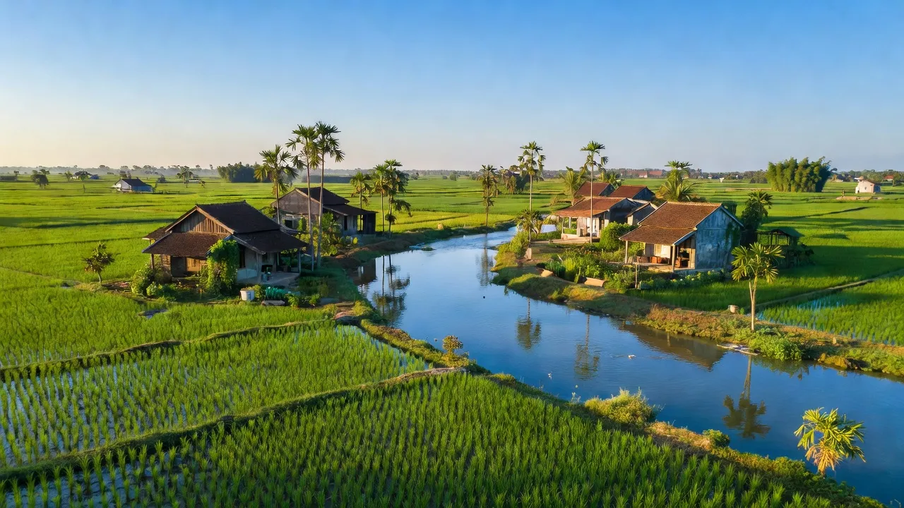 Cảnh đẹp xã Hồng Phong, Ninh Giang, Hải Dương với đồng xanh và kiến trúc truyền thống.