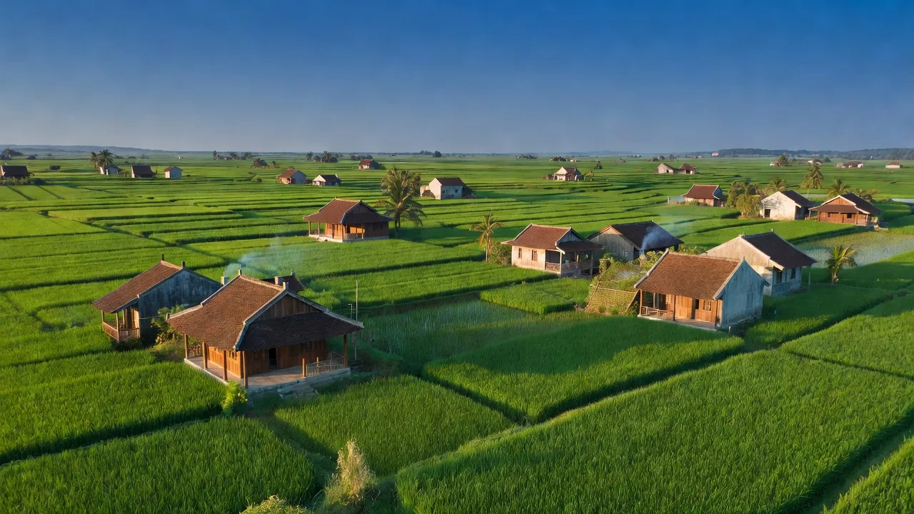 Cảnh quan xã Hồng Phong, huyện Ninh Giang, tỉnh Hải Dương với cánh đồng xanh và nhà truyền thống.
