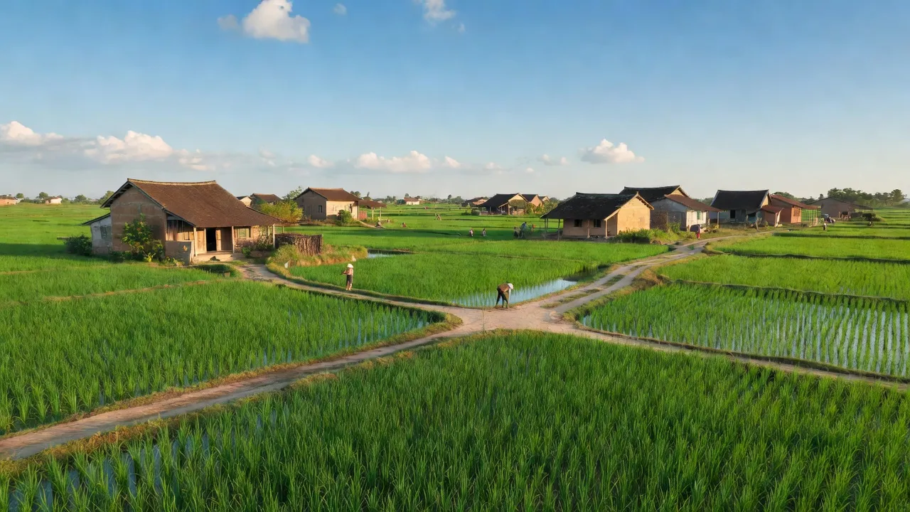 Cảnh đồng xanh và nhà truyền thống tại xã Hưng Long, huyện Ninh Giang, tỉnh Hải Dương.