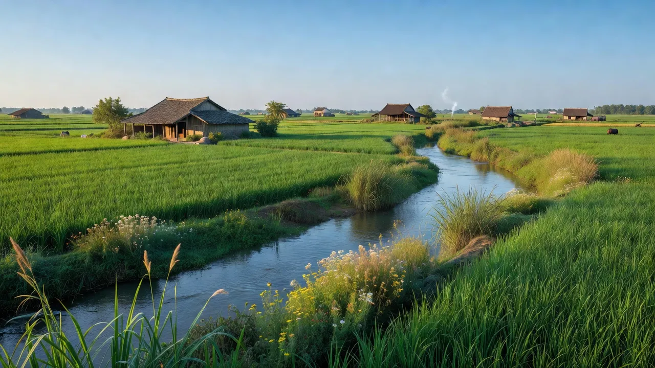 Cảnh đẹp nông thôn xã Kiến Phúc, huyện Ninh Giang, tỉnh Hải Dương với cánh đồng xanh và nhà truyền thống.