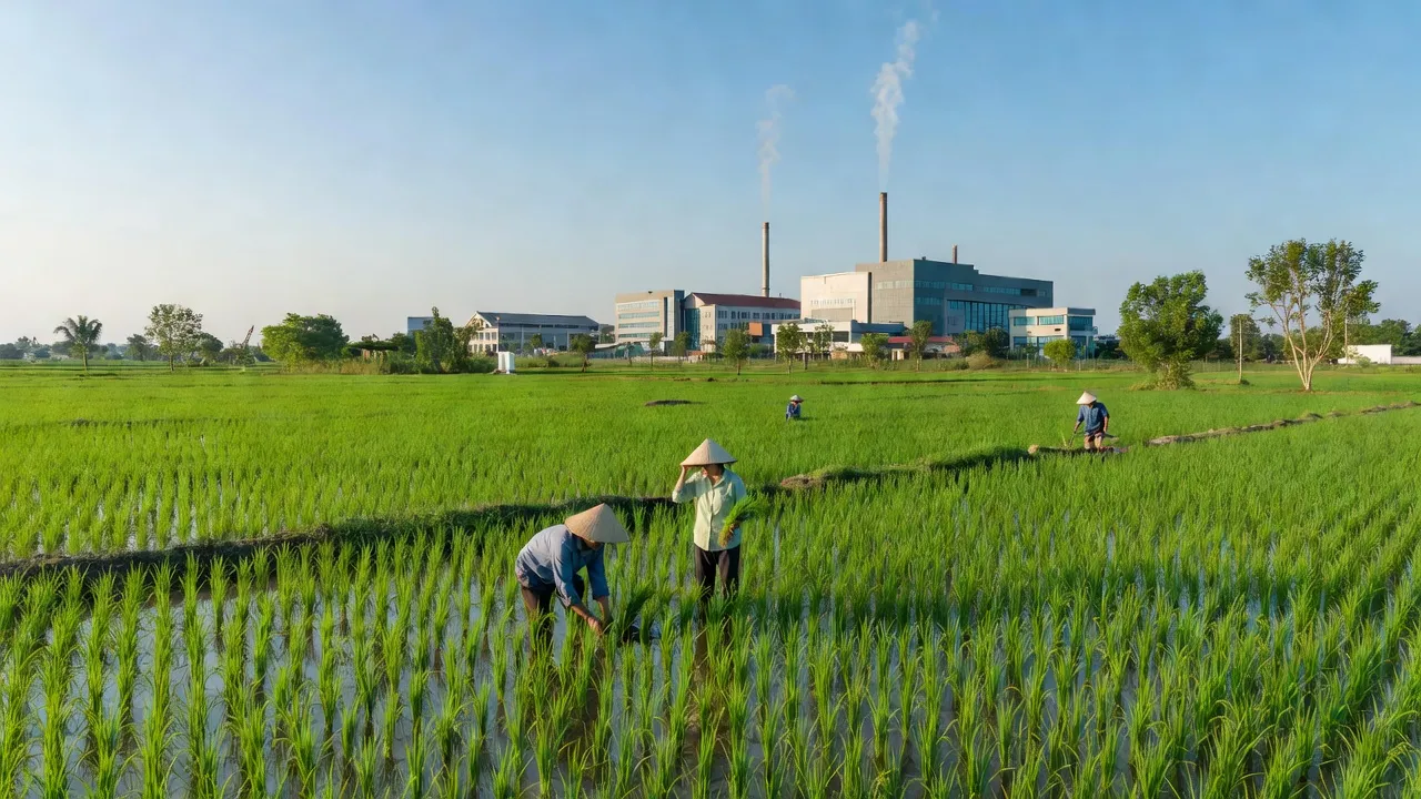 Cảnh làng quê Nghĩa An, huyện Ninh Giang, tỉnh Hải Dương với cụm công nghiệp và đồng ruộng xanh.