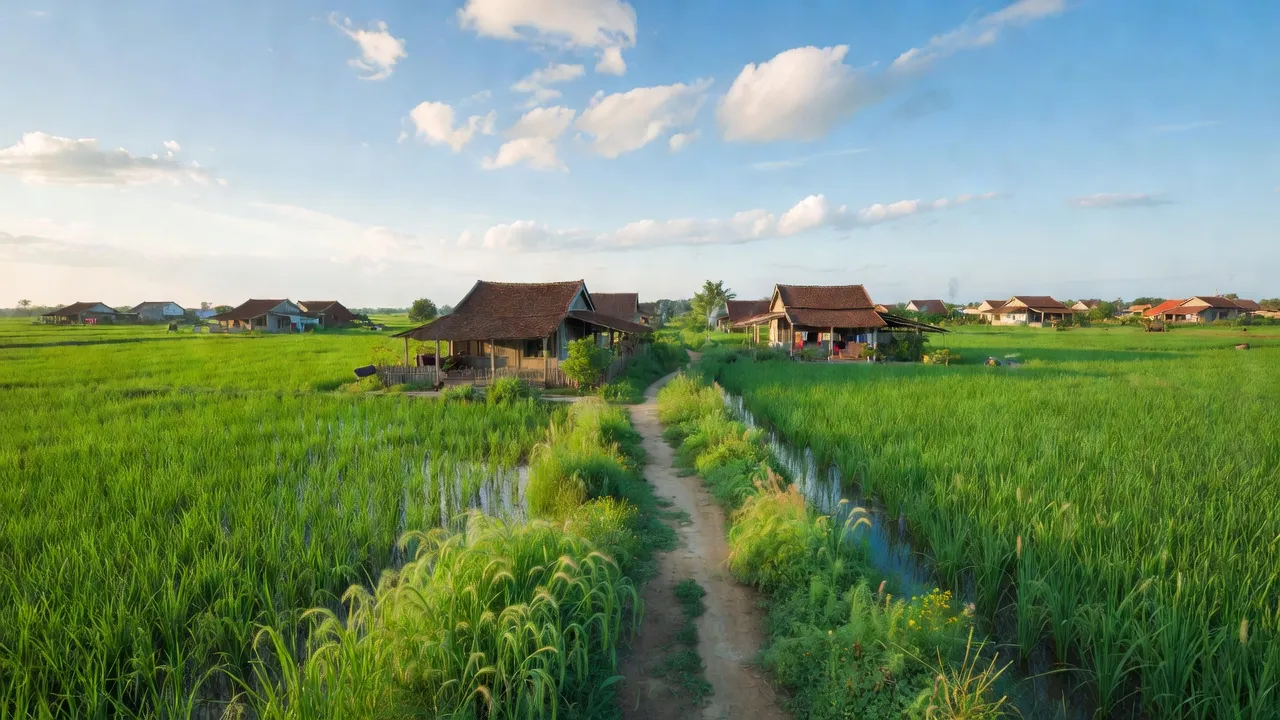 Cảnh đẹp xã Tân Hương, huyện Ninh Giang, tỉnh Hải Dương với đồng xanh và nhà truyền thống.