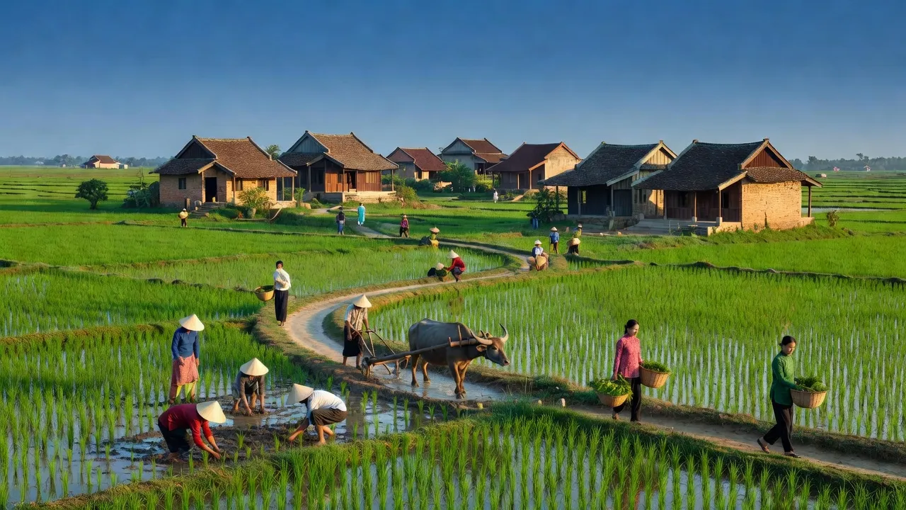 Cảnh đồng quê tại Xã Tân Hương, Huyện Ninh Giang, Tỉnh Hải Dương với nhà truyền thống và ruộng xanh.
