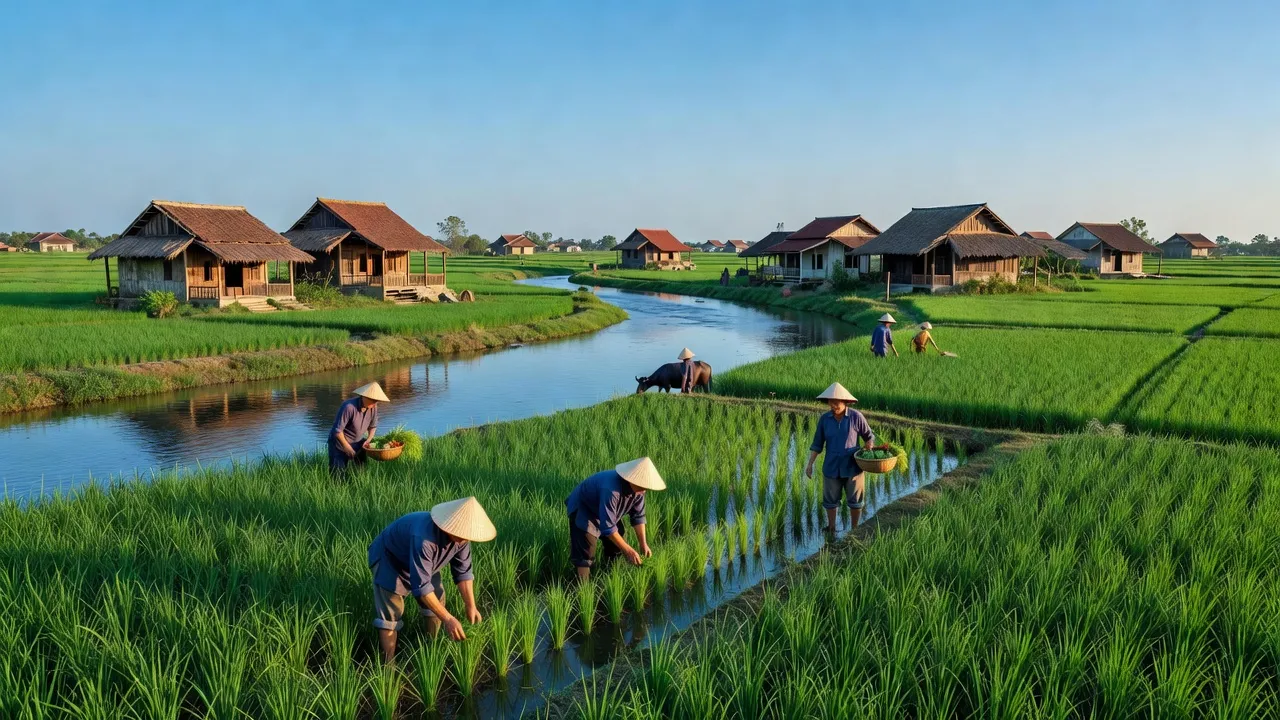Khung cảnh nông thôn xã Tân Phong, huyện Ninh Giang với cánh đồng xanh tươi và nhà truyền thống.