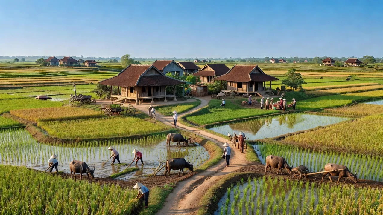 Cảnh đẹp xã Tân Quang, huyện Ninh Giang, tỉnh Hải Dương với ruộng lúa và nhà truyền thống.