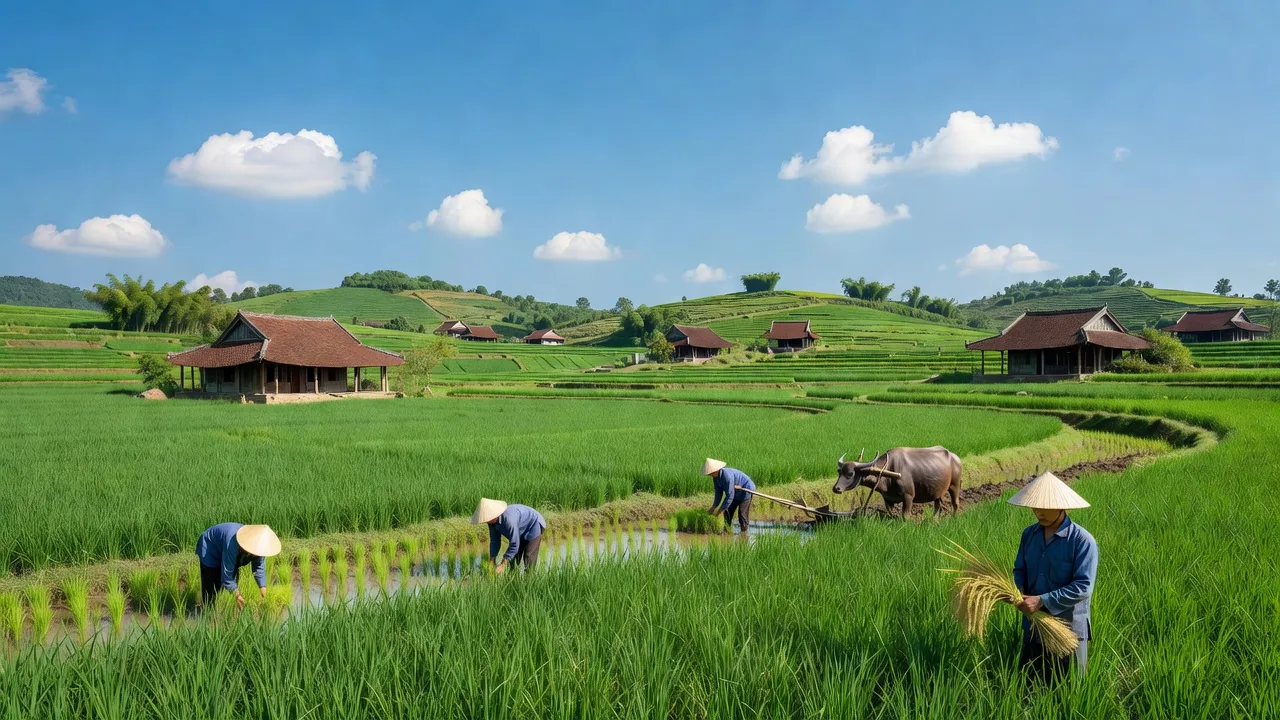 Khung cảnh tươi đẹp của Tân Quang, Ninh Giang, với cánh đồng lúa và nhà truyền thống.