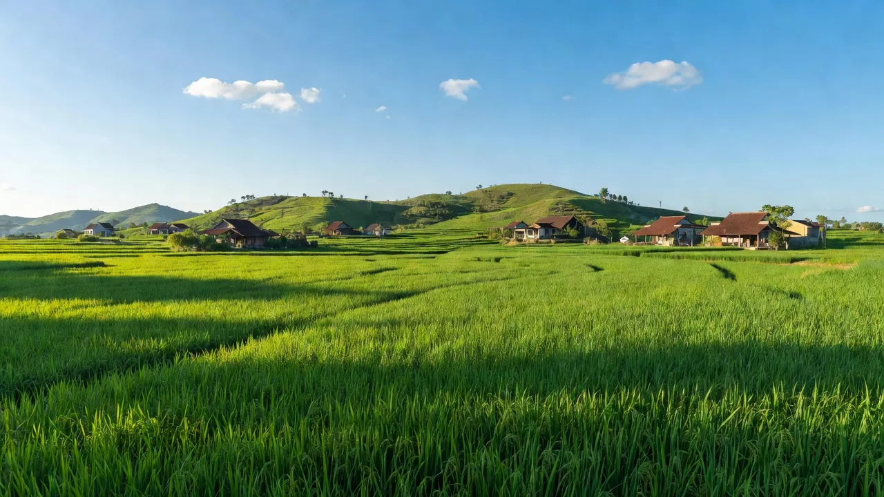 Cảnh quan xanh tươi xã Ứng Hoè, huyện Ninh Giang với cánh đồng lúa và nhà nông thôn.