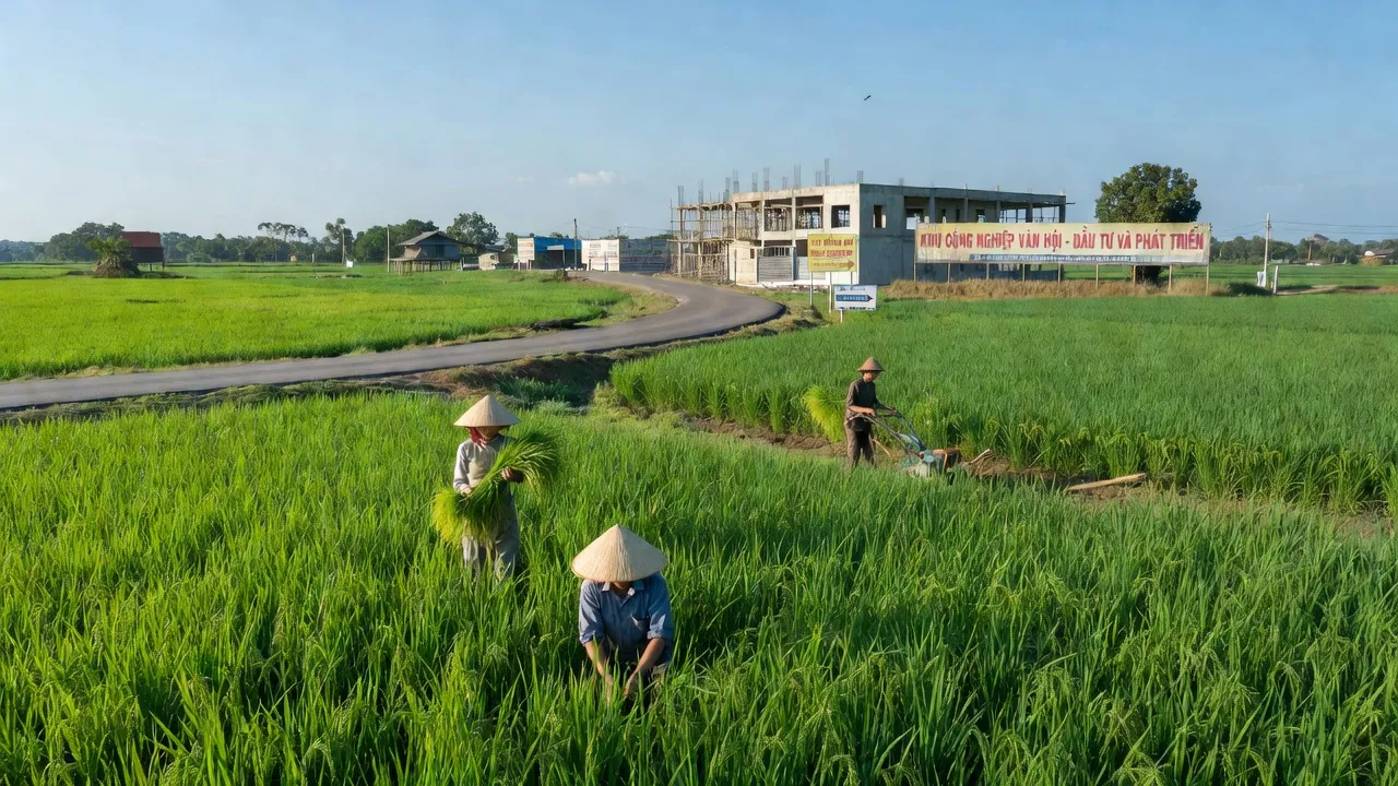Cảnh quan xã Văn Hội, huyện Ninh Giang, tỉnh Hải Dương với cánh đồng xanh tươi và hoạt động phát triển.