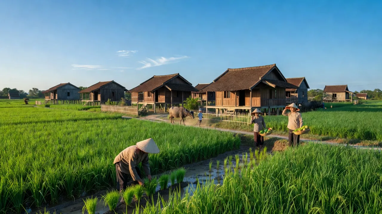 Cảnh đẹp xã Vĩnh Hòa, huyện Ninh Giang, Hải Dương, với đồng xanh và nhà truyền thống.