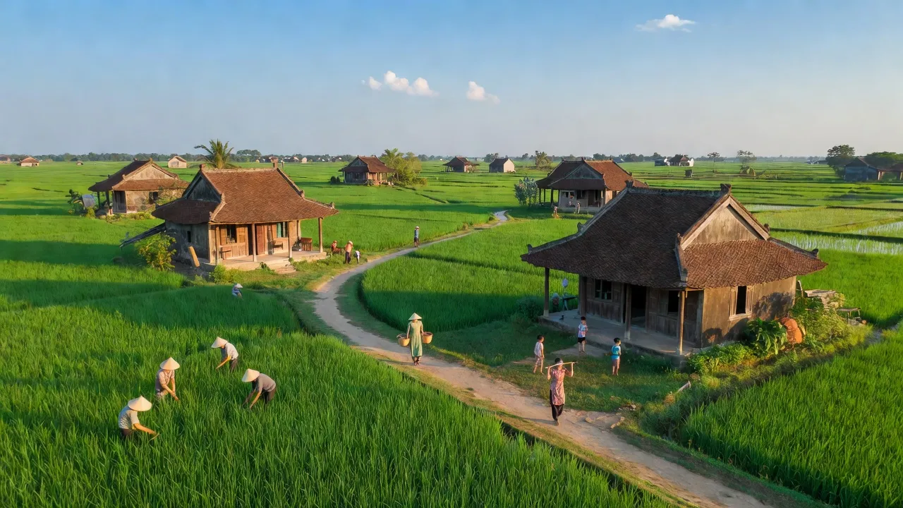 Quang cảnh xã Vĩnh Hòa, huyện Ninh Giang, tỉnh Hải Dương với nhà truyền thống và cánh đồng xanh.