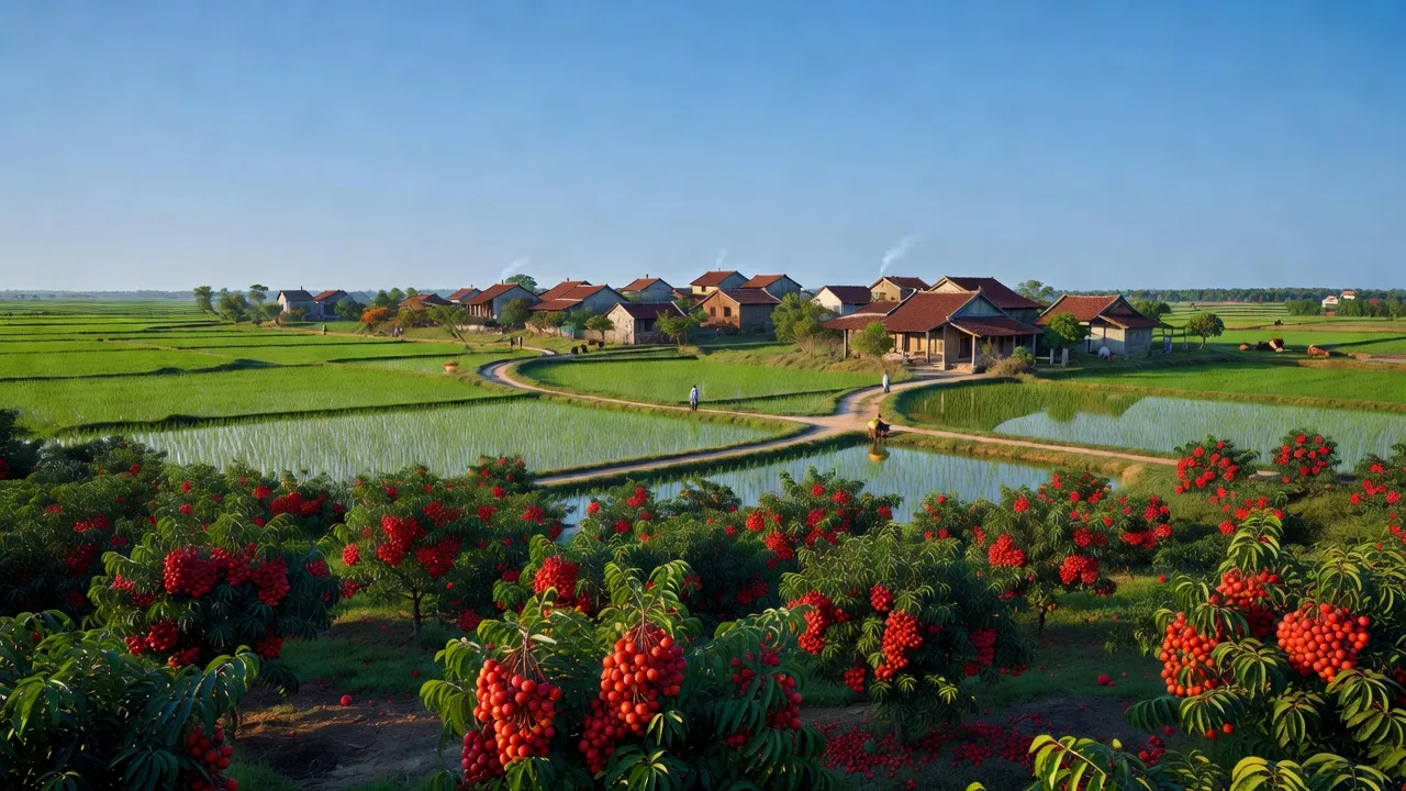 Cảnh quan huyện Thanh Hà, Hải Dương với cây vải thiều chín và cánh đồng xanh tươi.