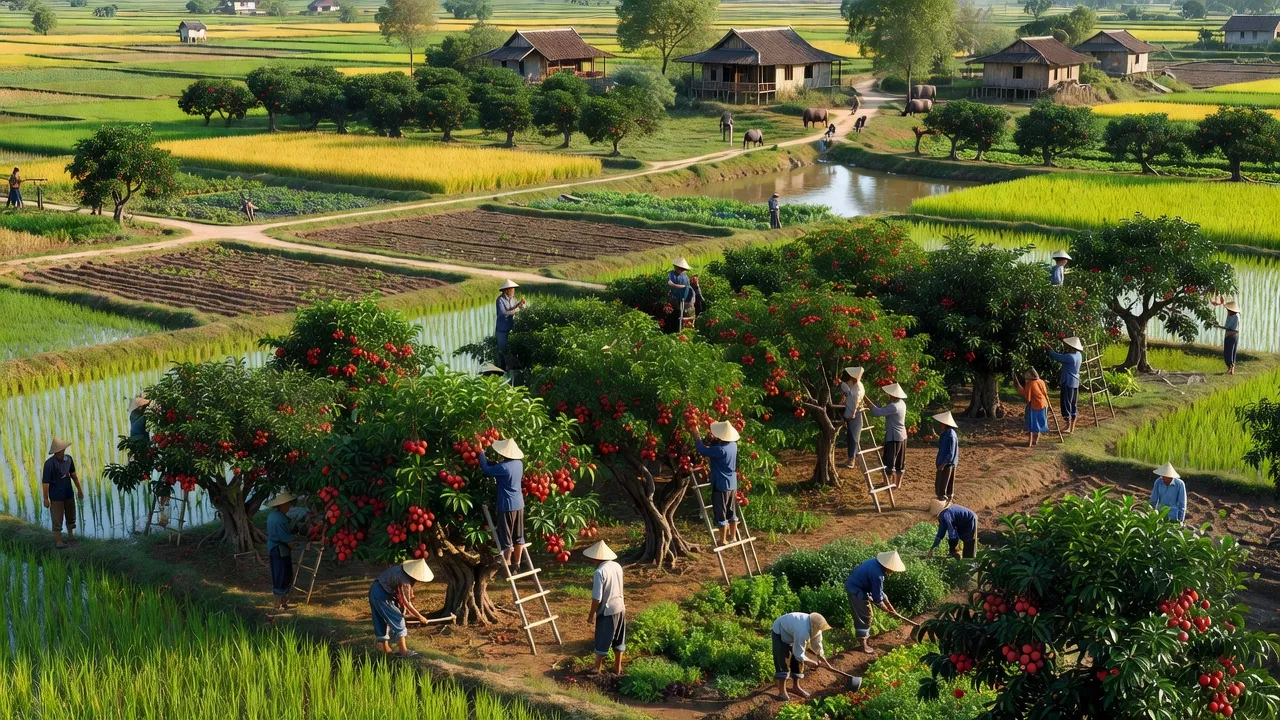 Cảnh quan huyện Thanh Hà với vườn vải thiều xanh tươi và nhà nông truyền thống, Hải Dương.