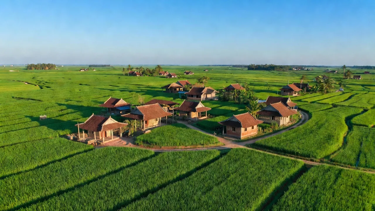 Khung cảnh Xã Hồng Lạc, huyện Thanh Hà, Hải Dương với cánh đồng xanh mướt và nhà truyền thống.