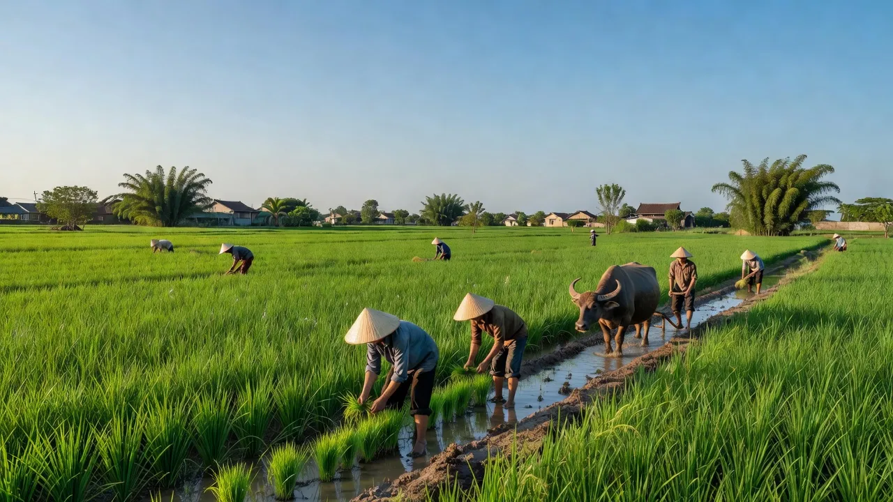 Cảnh quan yên bình xã Liên Mạc, huyện Thanh Hà, tỉnh Hải Dương với cánh đồng lúa xanh tươi.