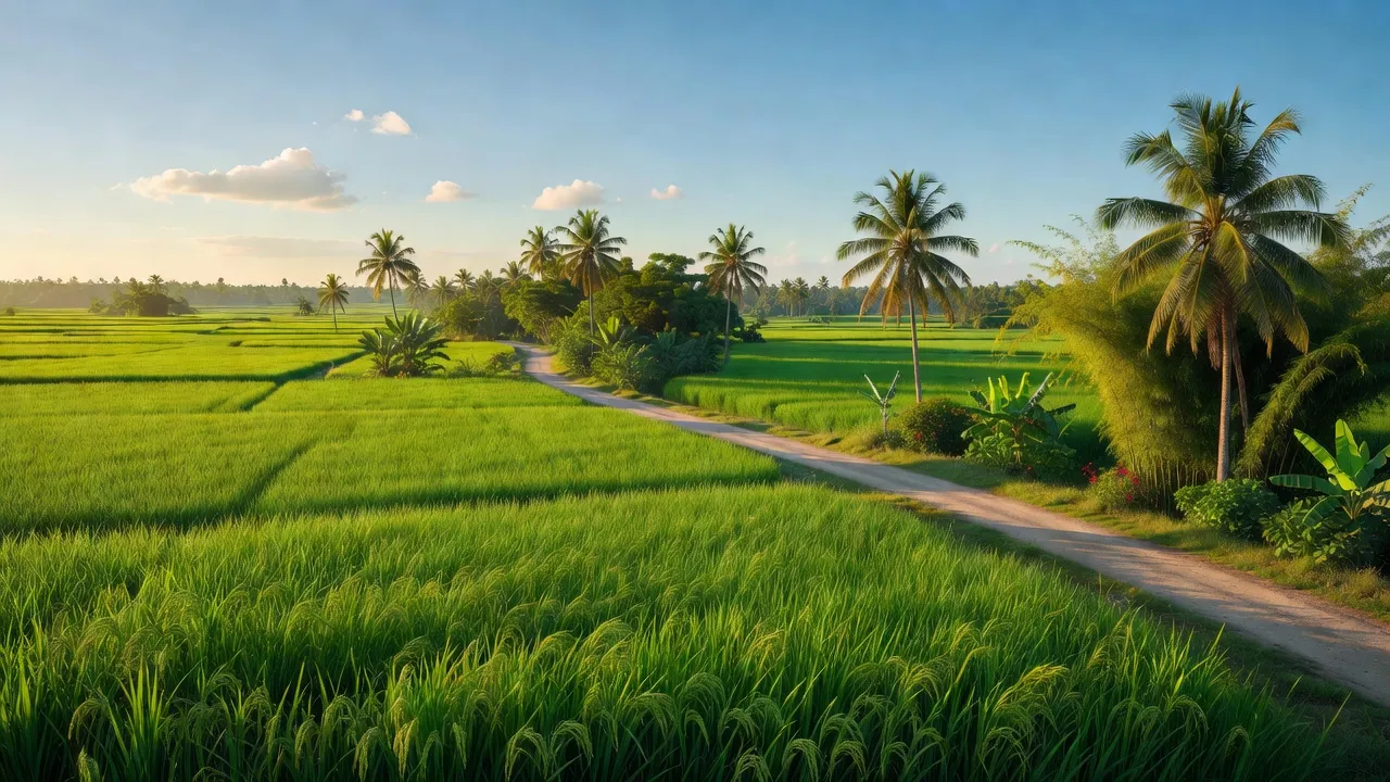 Cảnh quan xanh tươi của xã Tân An, huyện Thanh Hà, Hải Dương với cánh đồng lúa và đường làng.
