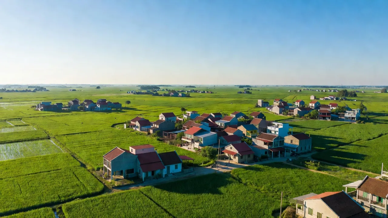 Khung cảnh xã Tân An thanh bình, cánh đồng xanh và nhà cửa gần gũi, Hải Dương.