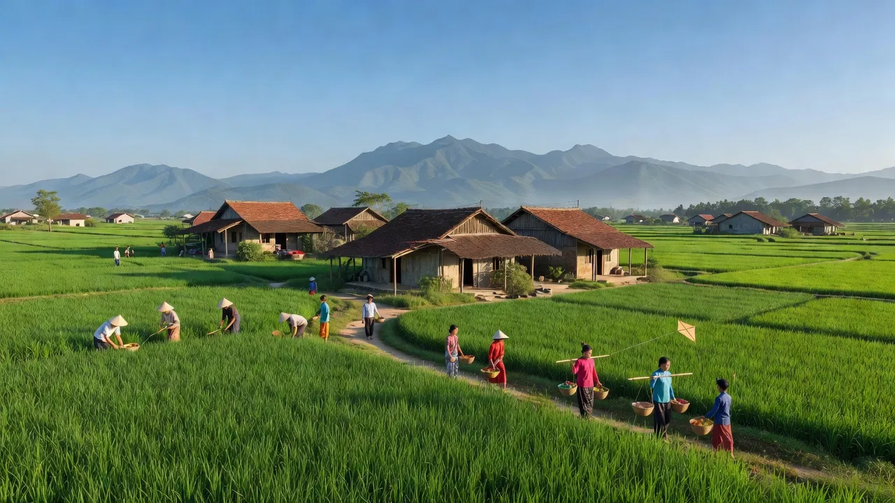 Cảnh quan yên bình tại xã Tân Việt, huyện Thanh Hà, tỉnh Hải Dương với cánh đồng xanh và nhà dân.