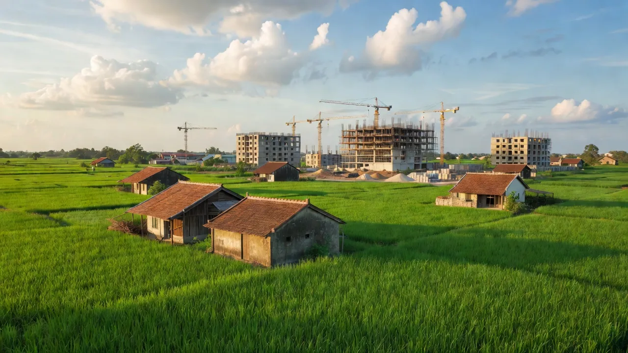 Phong cảnh nông thôn Xã Tân Việt, huyện Thanh Hà, tỉnh Hải Dương với nhà truyền thống và cánh đồng xanh.