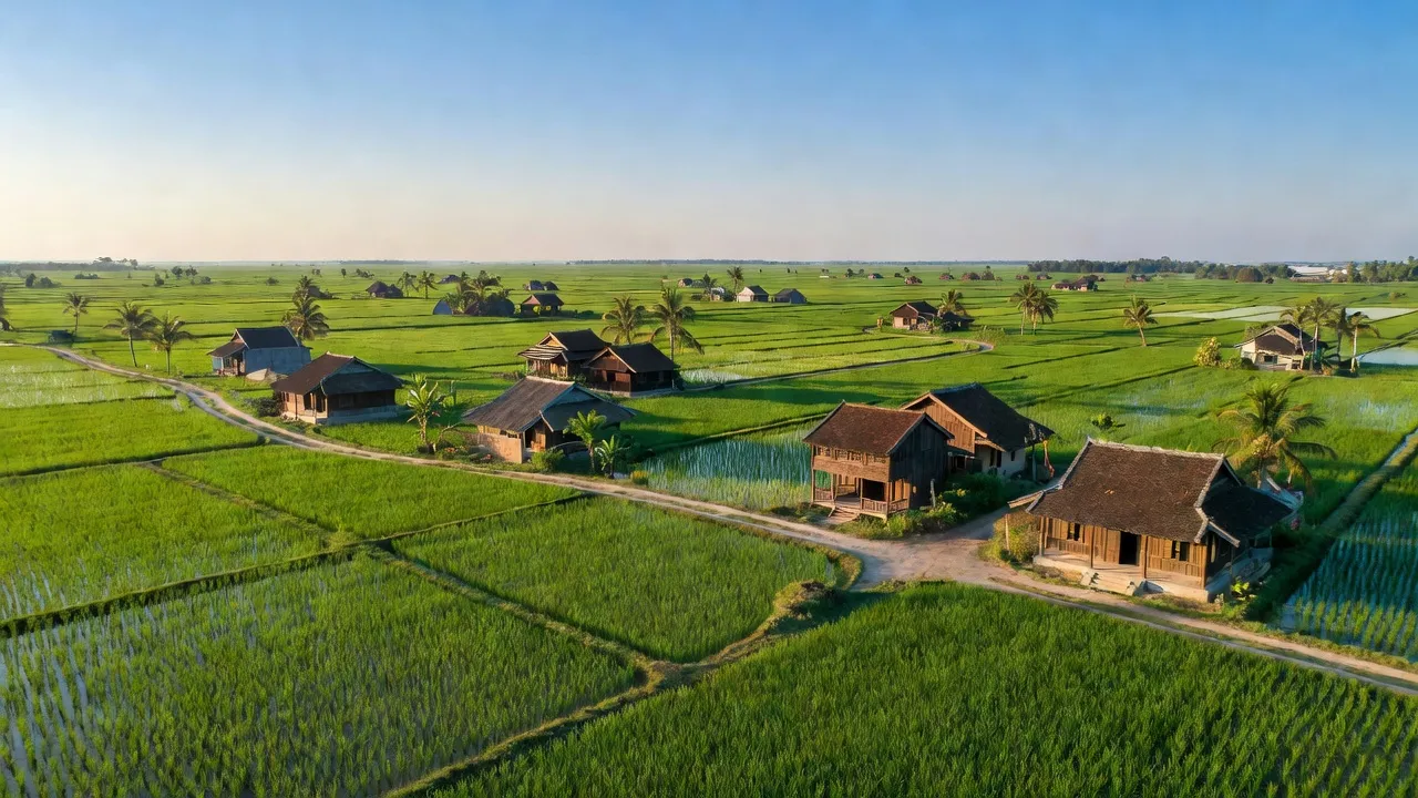 Cảnh sắc Xã Thanh An, huyện Thanh Hà Hải Dương với đồng xanh và nhà truyền thống Việt Nam.