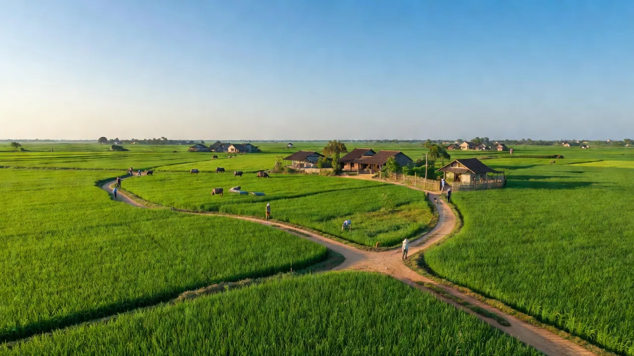 Cảnh sắc xã Thanh An, huyện Thanh Hà với cánh đồng xanh và bầu trời trong xanh.