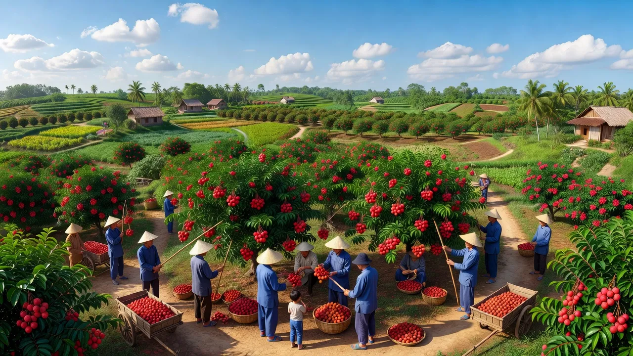 Khung cảnh xã Thanh Hải, huyện Thanh Hà, tỉnh Hải Dương với vườn vải thiều mùa thu hoạch.