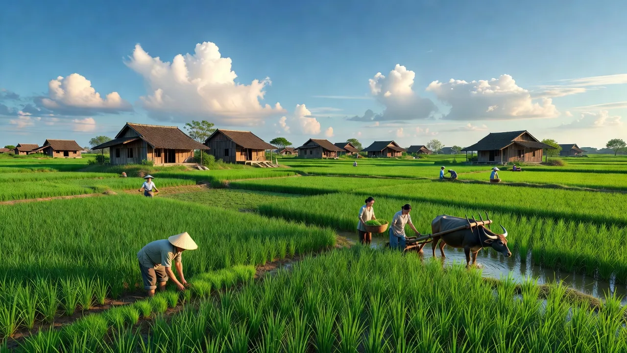 Khung cảnh xã Thanh Hồng, huyện Thanh Hà, tỉnh Hải Dương với cánh đồng xanh và nhà gỗ.