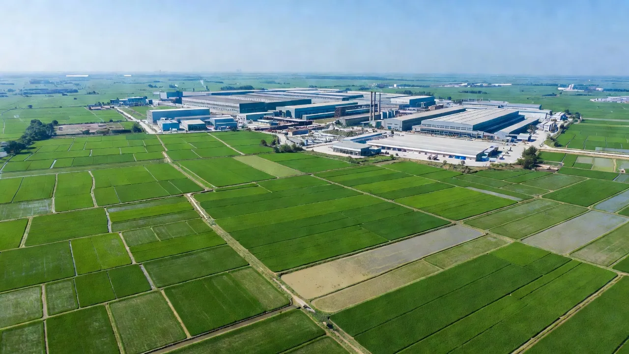 Khung cảnh xã Thanh Hồng, huyện Thanh Hà, tỉnh Hải Dương với ruộng xanh và Khu Công Nghiệp Thanh Hà.