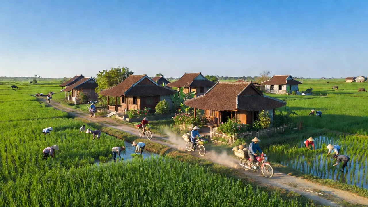 Cảnh đẹp xã Thanh Lang, huyện Thanh Hà, Hải Dương với cánh đồng xanh tươi và nhà truyền thống.