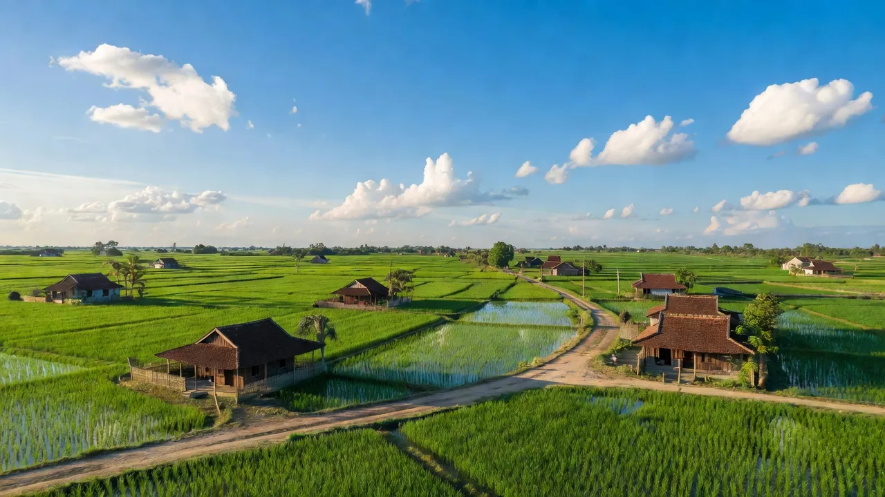 Khung cảnh xã Thanh Lang, huyện Thanh Hà, tỉnh Hải Dương với cánh đồng xanh, nhà truyền thống và bầu trời trong xanh.
