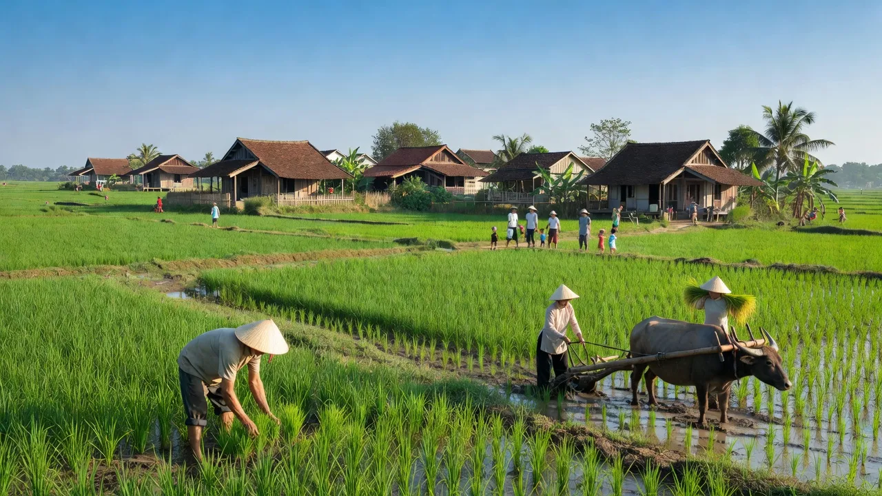 Khung cảnh xã Thanh Quang, huyện Thanh Hà, tỉnh Hải Dương với cánh đồng xanh và nhà truyền thống.