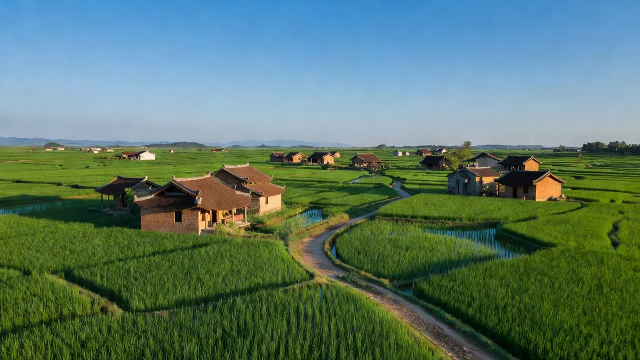 Khung cảnh thanh bình ở xã Thanh Sơn, huyện Thanh Hà, tỉnh Hải Dương với ruộng lúa và nhà truyền thống.