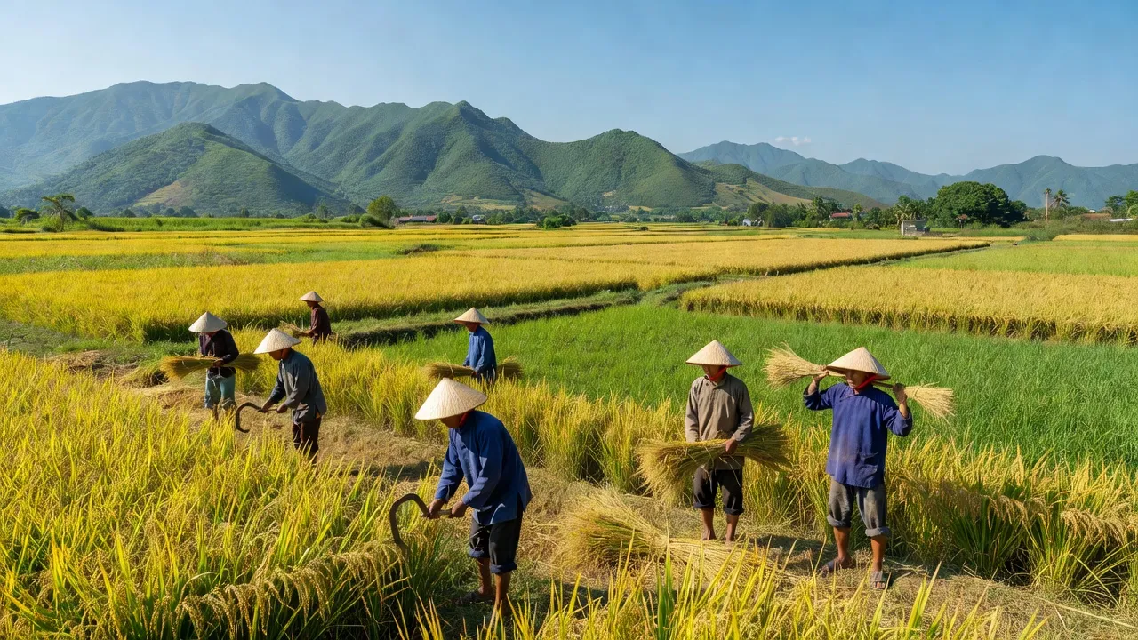 Khung cảnh yên bình của xã Thanh Sơn, huyện Thanh Hà với cánh đồng lúa và người nông dân.