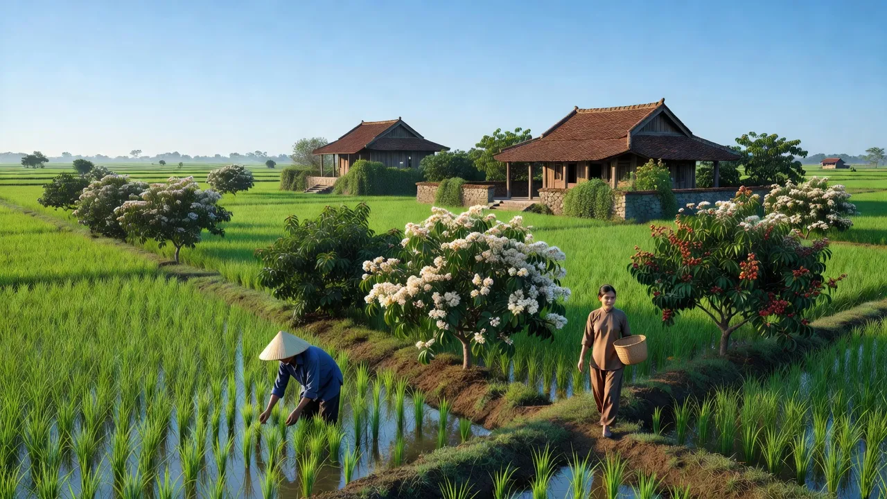Cảnh làng quê xã Thanh Tân, huyện Thanh Hà, tỉnh Hải Dương với cây vải thiều và ruộng lúa.