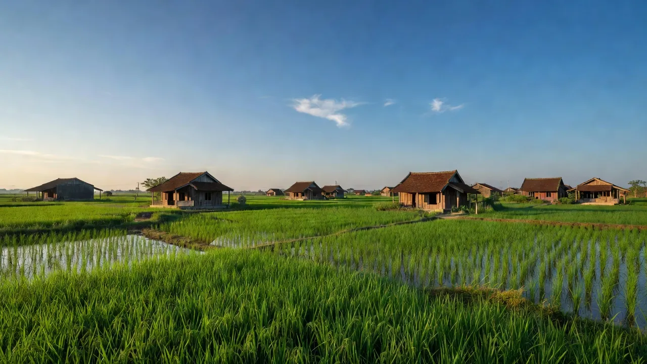 Cảnh đẹp yên bình ở xã Thanh Xuân, huyện Thanh Hà, tỉnh Hải Dương với cánh đồng lúa xanh.