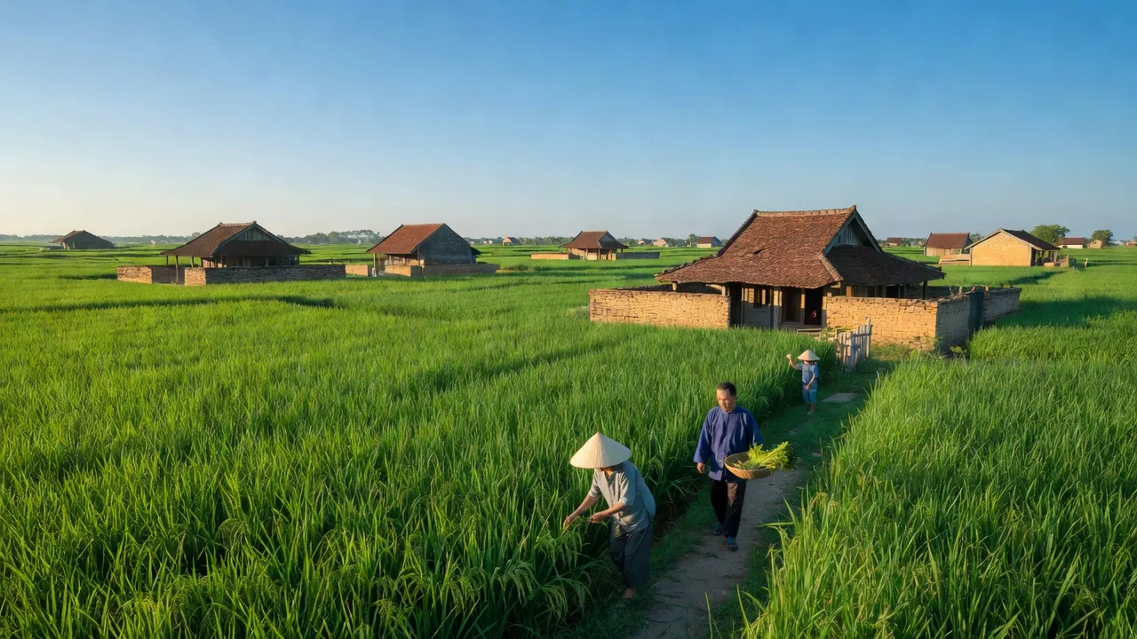 Khung cảnh Xã Thanh Xuân ở Huyện Thanh Hà, tỉnh Hải Dương với cánh đồng xanh và nhà truyền thống.