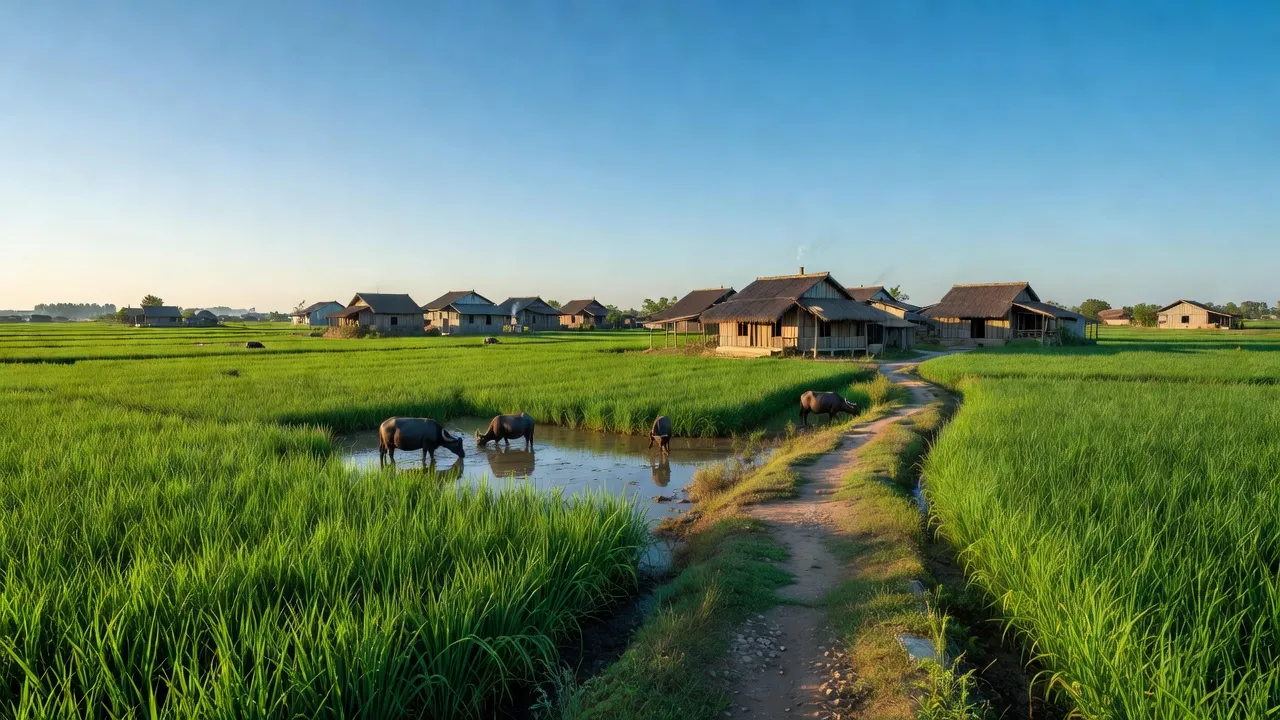 Vĩnh Cường, thanh bình, huyện Thanh Hà, Hải Dương, có cánh đồng xanh và nhà truyền thống.