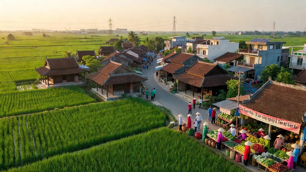Cảnh đẹp huyện Thanh Miện, Hải Dương với cánh đồng xanh và kiến trúc truyền thống.