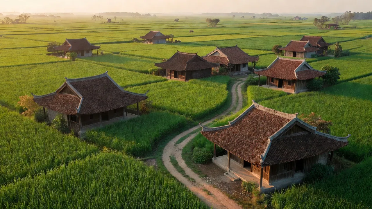 Khung cảnh huyện Thanh Miện, Hải Dương với đồng xanh và nhà truyền thống, đẹp hài hòa.