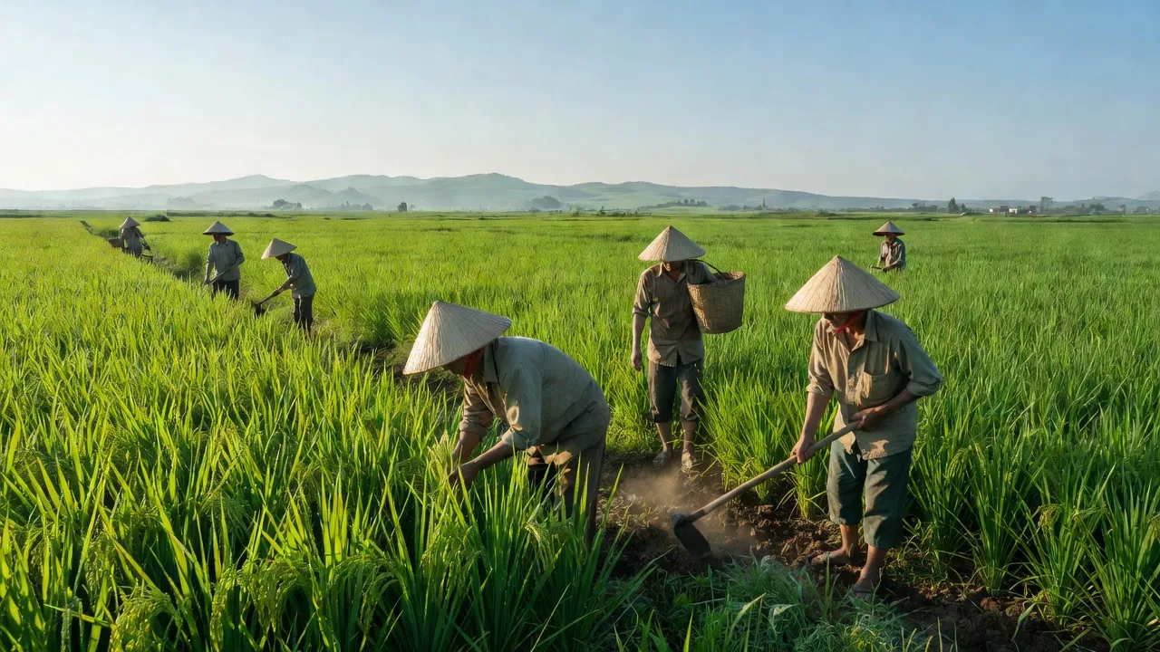 Cánh đồng xanh tươi ở xã Cao Thắng, huyện Thanh Miện, Hải Dương với nông dân chăm sóc cây trồng.