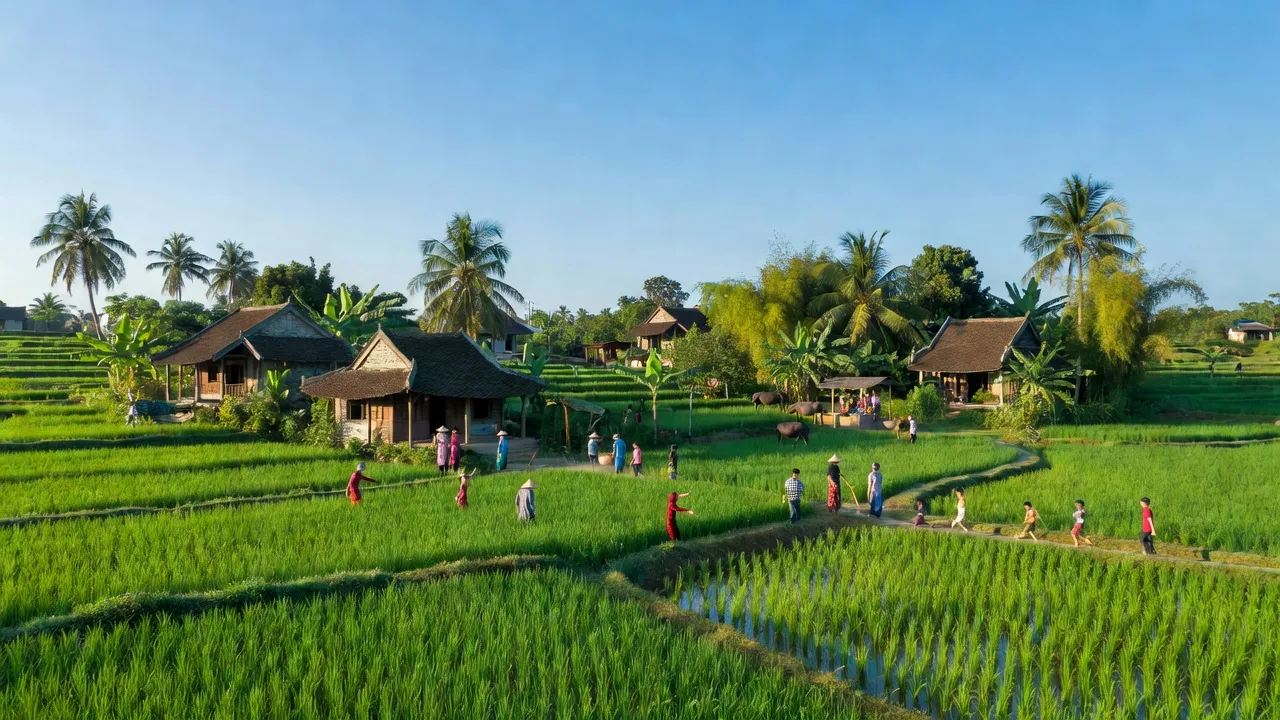 Cảnh đẹp xã Chi Lăng Bắc, huyện Thanh Miện với ruộng lúa, nhà truyền thống và sắc xanh thiên nhiên.