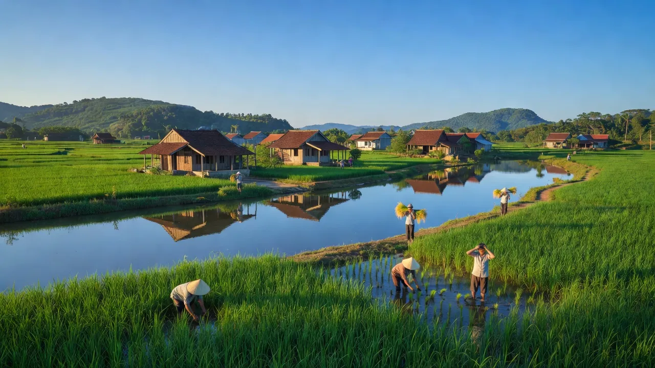 Khung cảnh Xã Chi Lăng Bắc, Thanh Miện với cánh đồng xanh mướt và nhà truyền thống.