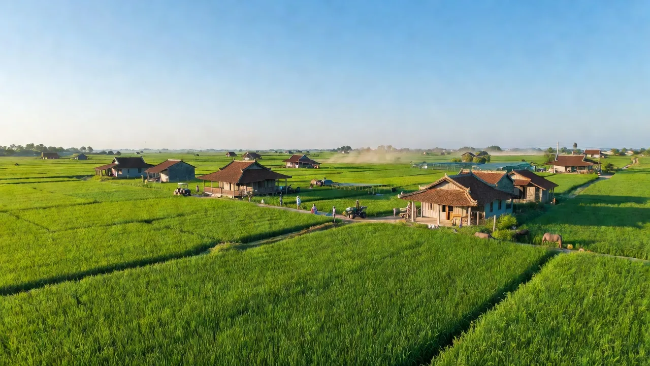 Cảnh Quan Xã Chi Lăng Nam, huyện Thanh Miện, tỉnh Hải Dương, với cánh đồng xanh và nhà truyền thống.