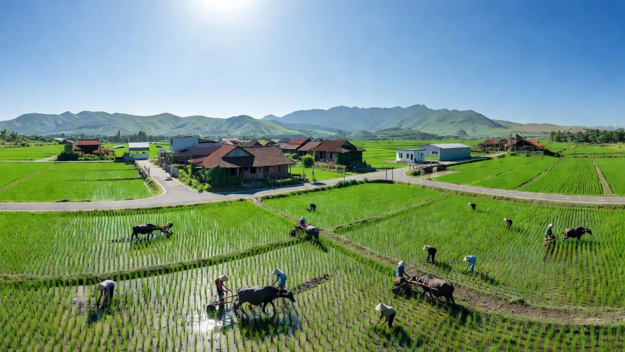 Khung cảnh xã Chi Lăng Nam, huyện Thanh Miện, tỉnh Hải Dương với ruộng xanh và nhà truyền thống.