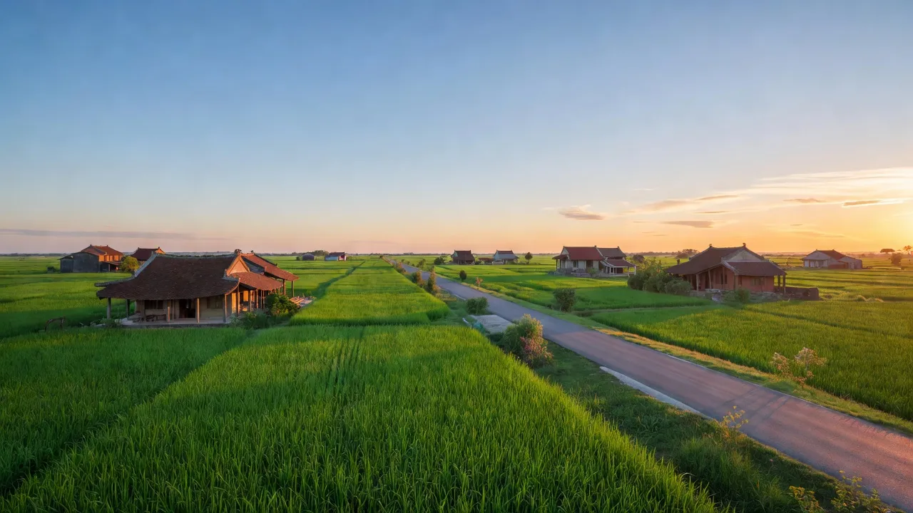 Bức tranh phong cảnh xã Đoàn Tùng, huyện Thanh Miện, tỉnh Hải Dương với cánh đồng xanh rực rỡ.