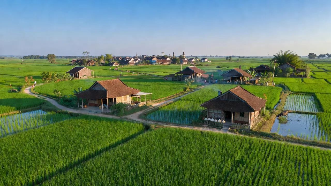 Khung cảnh Xã Hồng Phong, huyện Thanh Miện, tỉnh Hải Dương với cánh đồng xanh mướt và nhà truyền thống.
